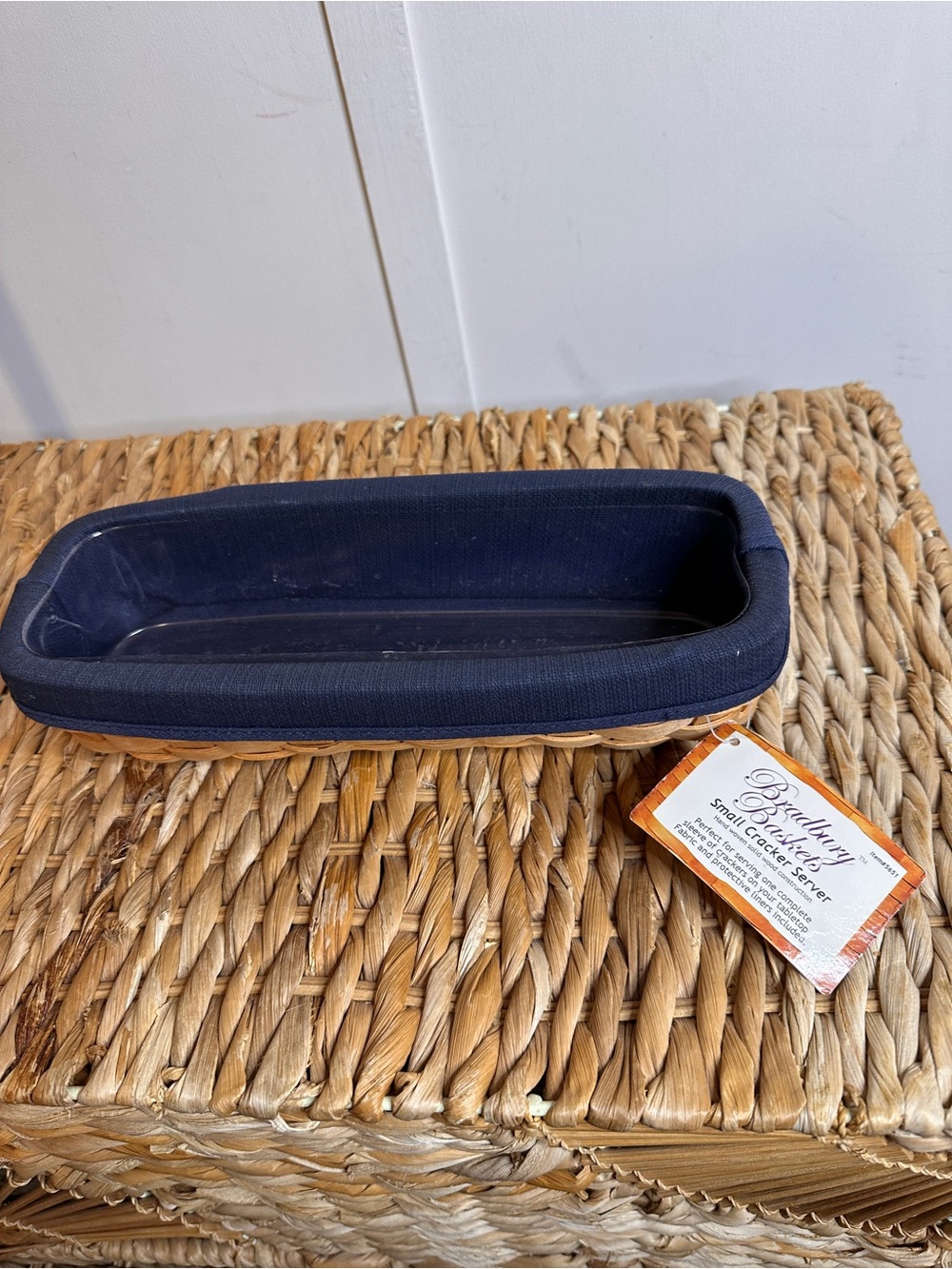 Bradbury Braided Wicker Serving Tray with Navy Fabric Liner